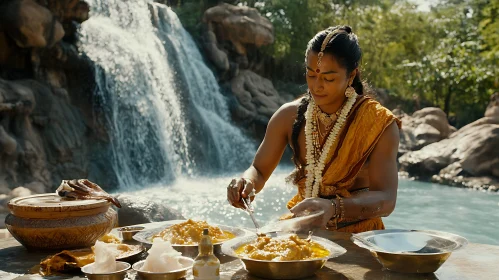 Woman Preparing Food by Waterfall