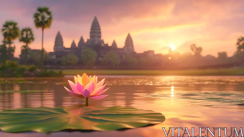 Angkor Wat Temple with Lotus at Sunset AI Image