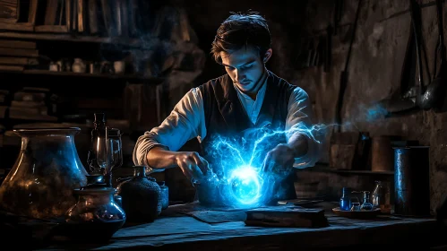 Wizard Casting Spell With Blue Orb