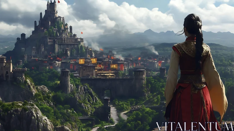 Woman Overlooking Ancient City and Castle AI Image