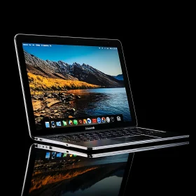 Slim Metallic Laptop with Mountain Wallpaper Display