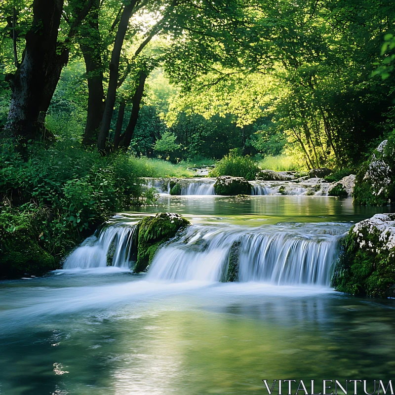 Peaceful Forest Waterfall in a Green Oasis AI Image