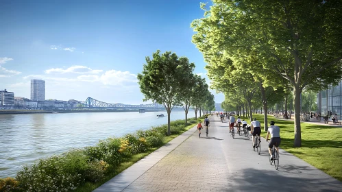 Riverside Cycling Path with Lush Greenery and Skyline