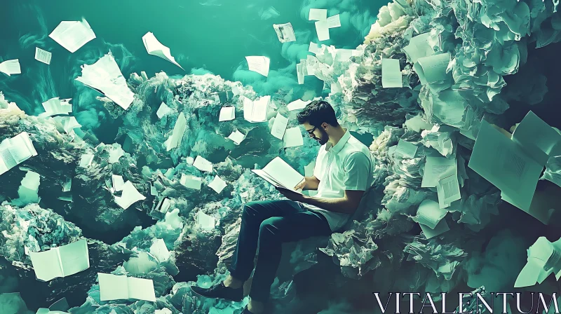 AI ART Ethereal Reader Surrounded by Floating Pages