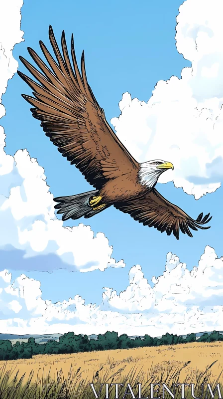 Eagle Gliding Over Field and Trees AI Image