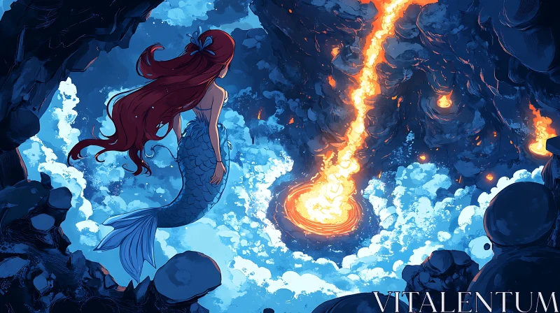 AI ART Mermaid Watching a Fiery Anomaly