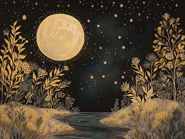 Nighttime Botanical Wonderland Under Full Moon