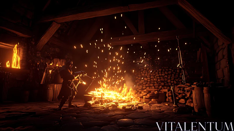 Medieval Blacksmith Working by Fire AI Image