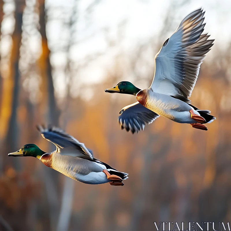 Mallards Gliding Through the Autumn Air AI Image