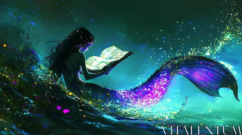 AI ART Oceanic Mermaid Reading a Magical Book