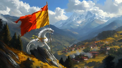 White Dragon on Mountain with Flag