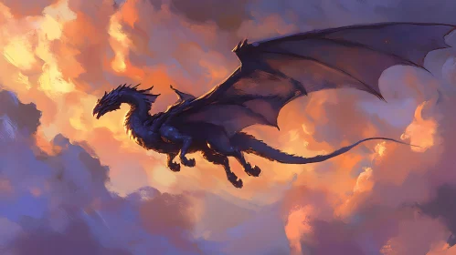 Fantasy Dragon Soaring in Sunset Clouds