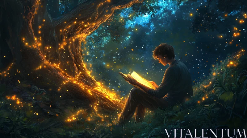 AI ART Boy Reading Under Magical Tree at Night