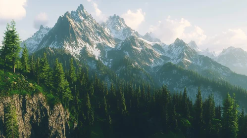 Breathtaking Snowy Peaks with Verdant Pine Trees