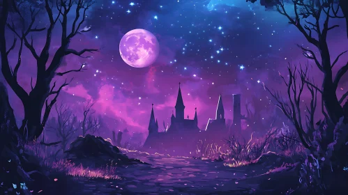 Violet Night Castle Fantasy Scene