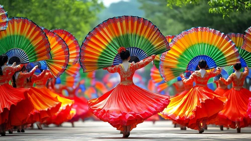 Dancers in Red with Rainbow Fans