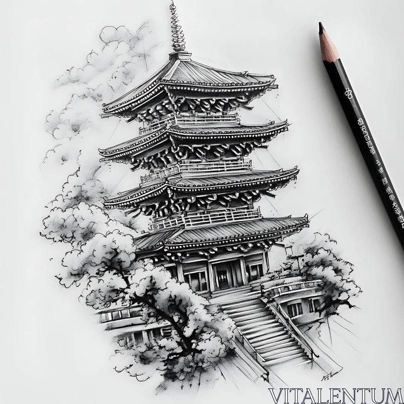 Detailed Pagoda Illustration with Pencil AI Image