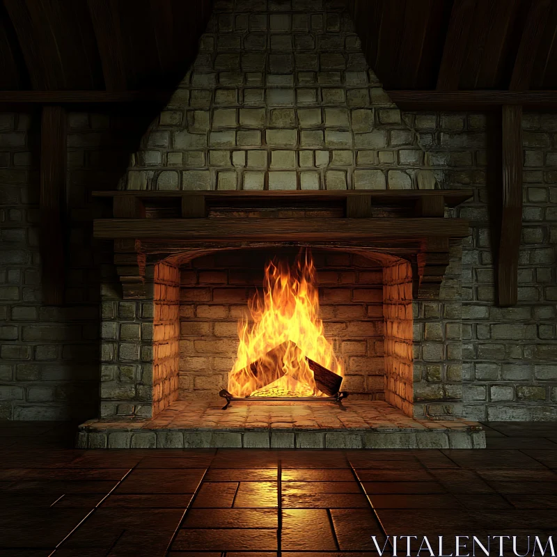 Inviting Bricked Fireplace with Flames AI Image