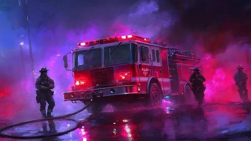 Heroic Firefighters at Night