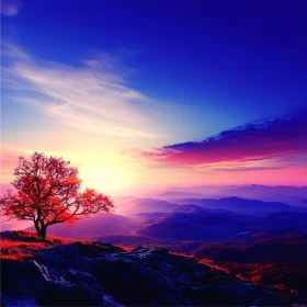 Fiery Sunset Landscape with Tree Silhouette