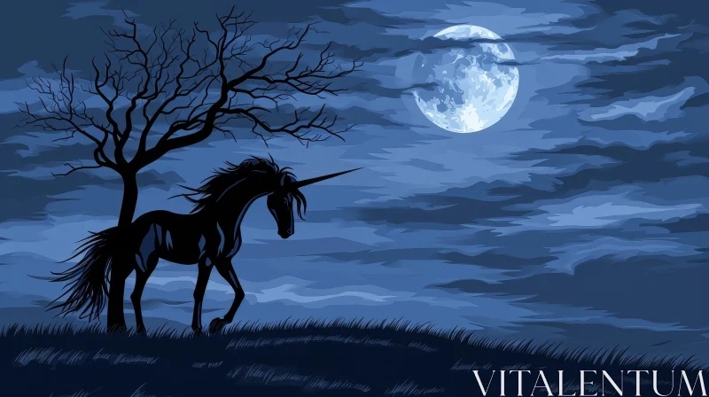 Dark Blue Unicorn in Moonlit Field | Mystical and Ethereal AI Image