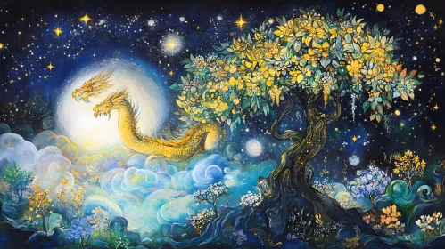 Fantasy Art with Dragon and Blossoms