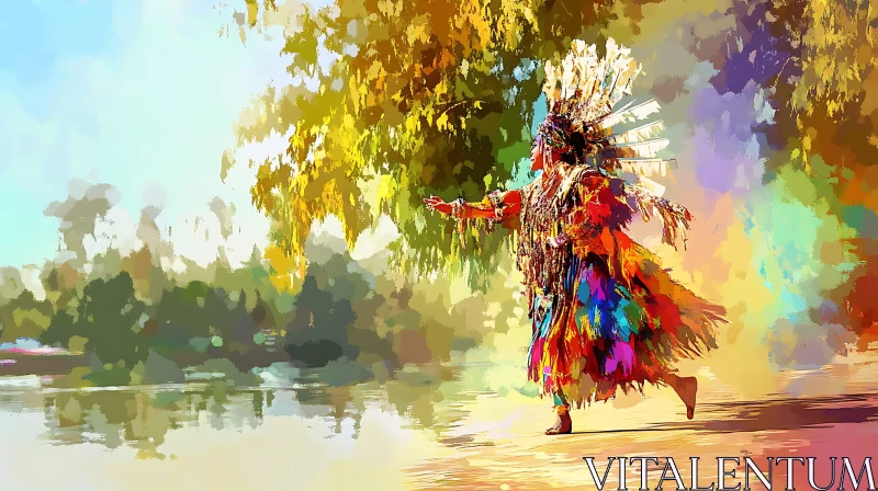 AI ART Colorful Native American Figure by the Lake