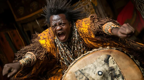 Man Playing Drum with Passionate Expression