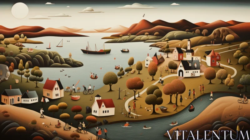 Enchanting Illustration of a Majestic Town near a Serene Lake AI Image