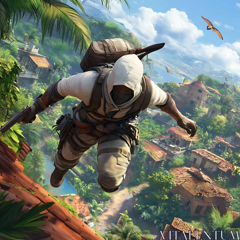 Leaping Assassin Overlooking Tropical Landscape AI Image