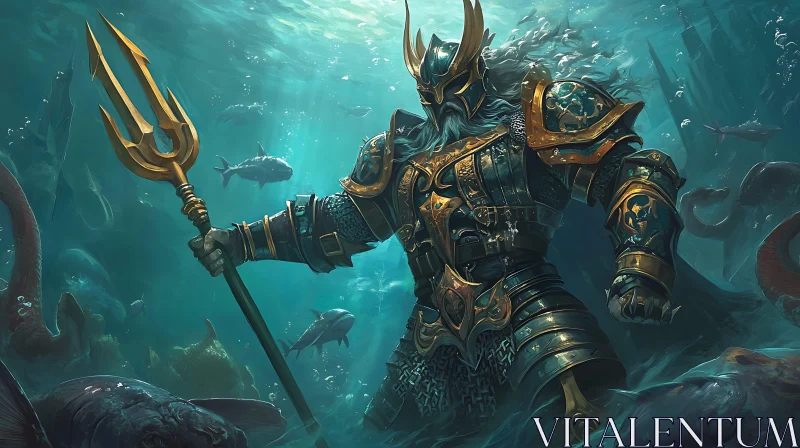 AI ART Armored God with Trident in Ocean