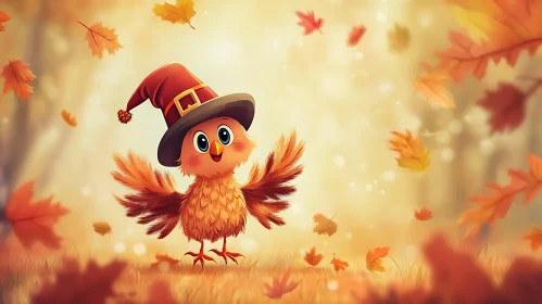 Cartoon Bird in Pilgrim Hat for Thanksgiving