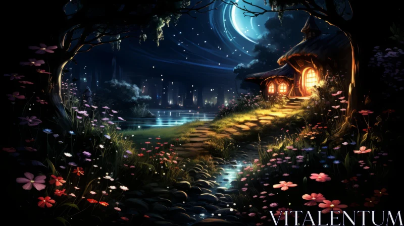 AI ART Fantasy Night Forest Cottage - Anime Style Art