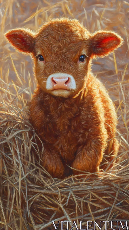 AI ART Young Calf in Golden Hay