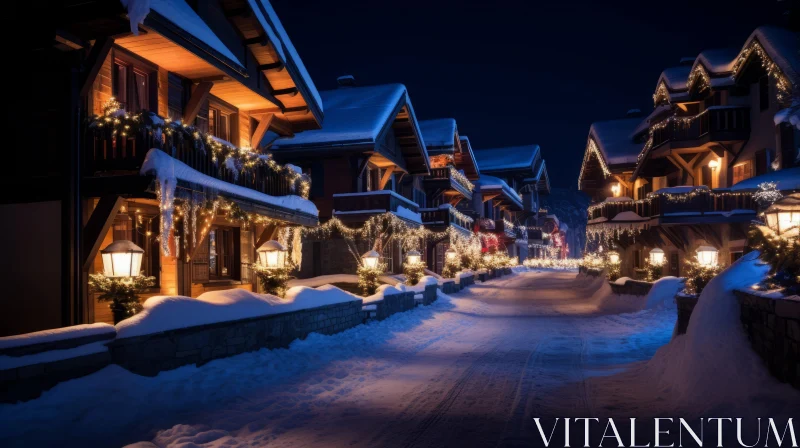 Luxurious Snowy Village Illuminated by Christmas Lights AI Image