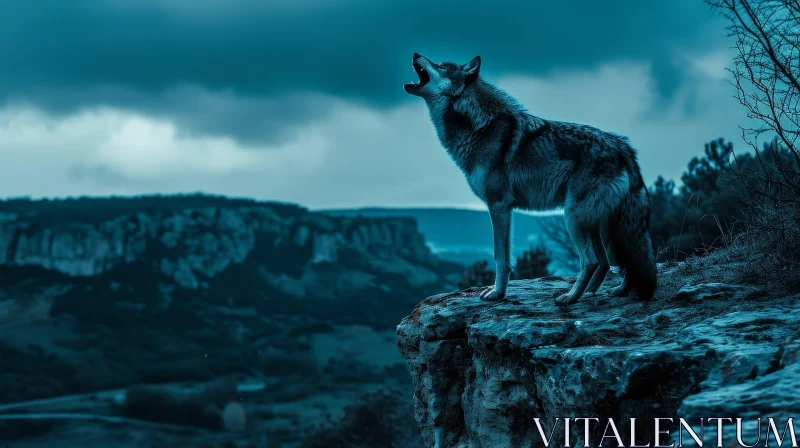Majestic Wolf Howling on Rock in Snowy Landscape AI Image
