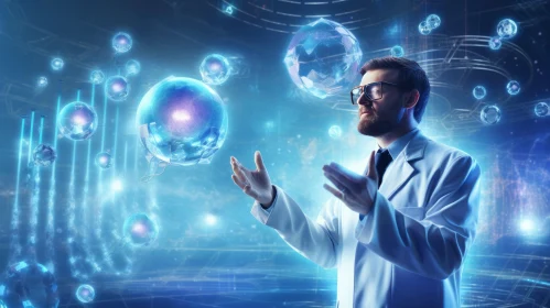 Scientist with Glasses Pointing at Floating Spheres - A Sci-Fi Inspired Composition