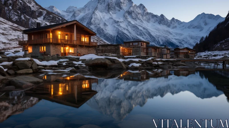 Snowy Mountain Chalets Reflecting in Water at Dusk AI Image