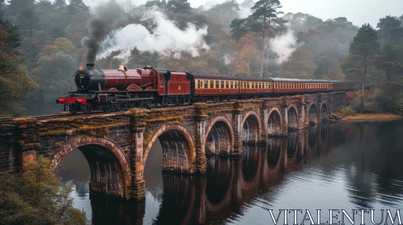 AI ART Steam Train Crossing Old Bridge over Lake: Classic British Landscapes