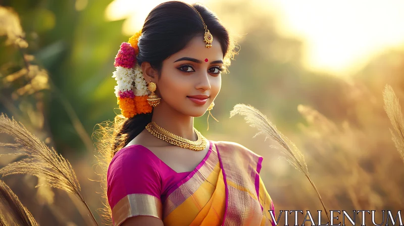 Golden Hour Portrait of Woman with Flowers