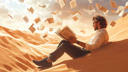 Desert Reader with Surreal Book Pages
