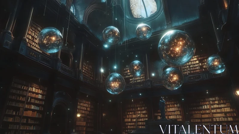 Magical Library Interior with Glowing Spheres
