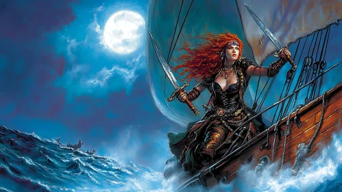 Female Pirate with Swords Under Moonlight