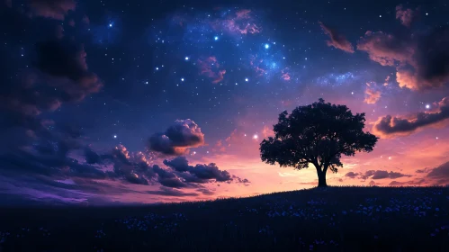Starry Night Landscape with Tree