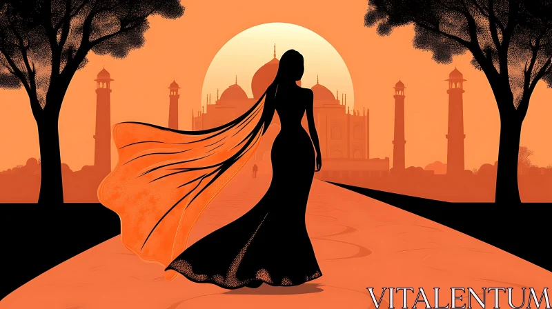 Woman in Gown at Taj Mahal Sunset