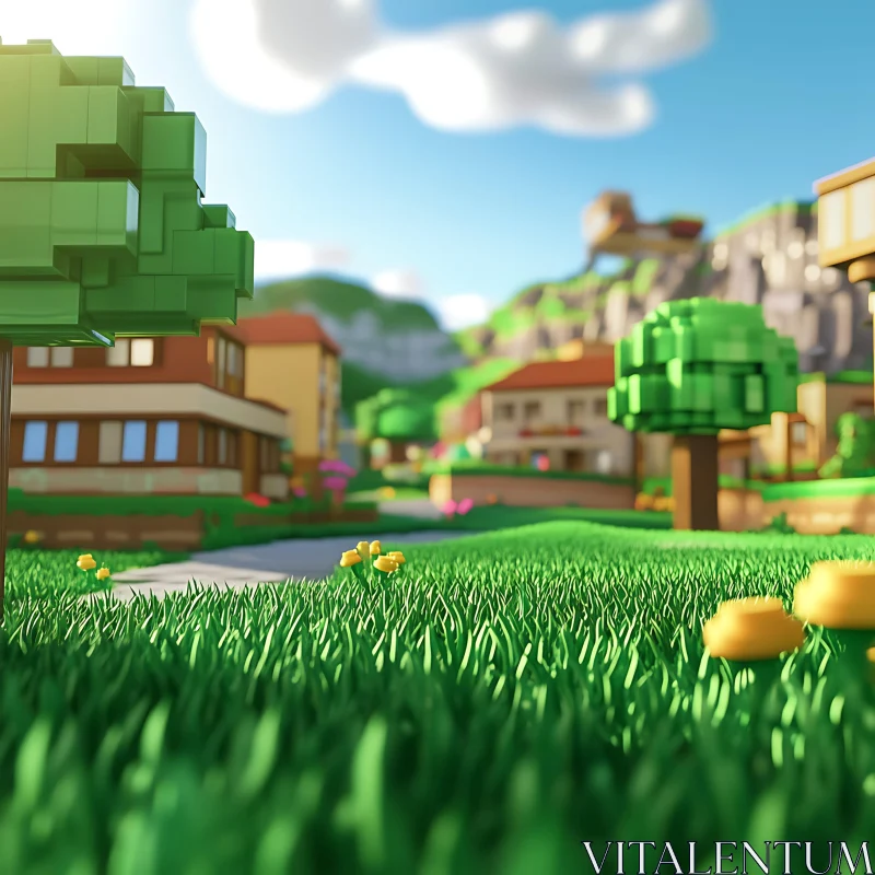 Minecraft Inspired Green Field Landscape AI Image