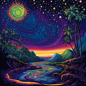 Surreal Tropical River Under Starry Sky