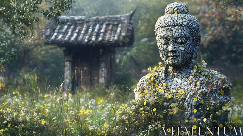 Peaceful Stone Buddha with Flowers