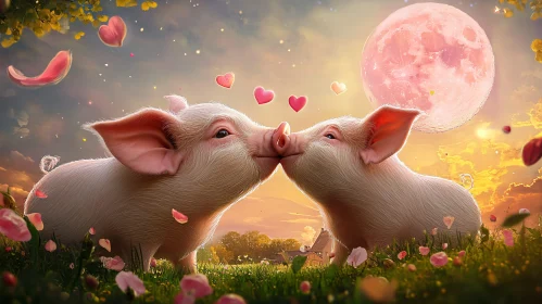 Affectionate Piglets with Hearts