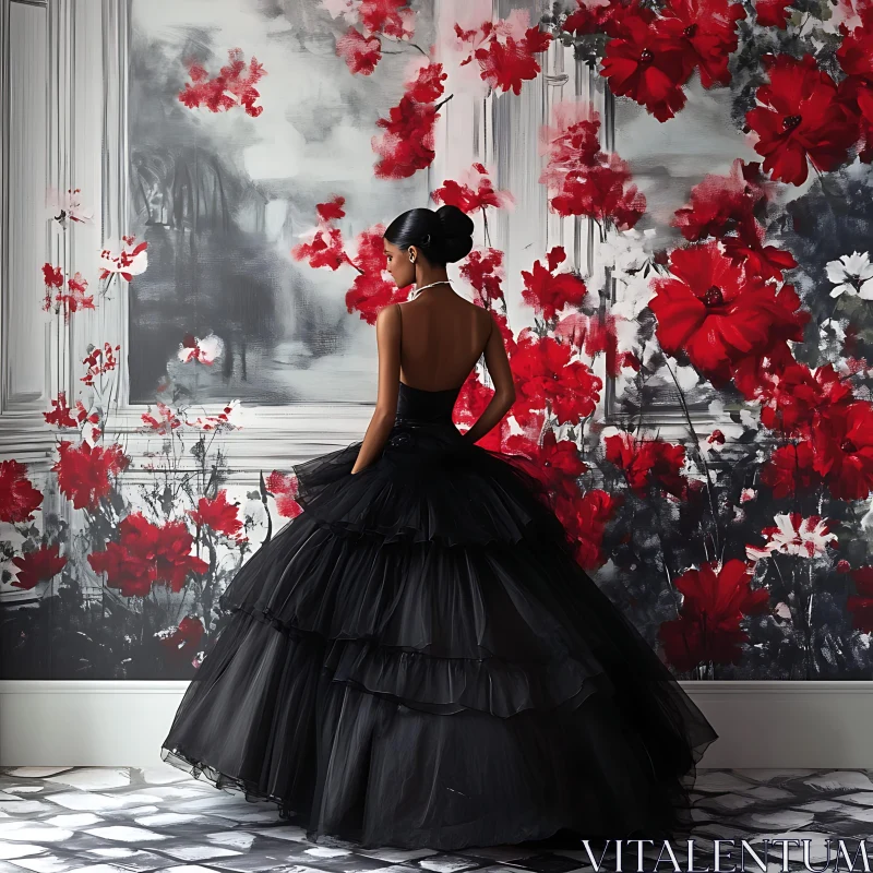 Woman in Black Gown with Floral Wall